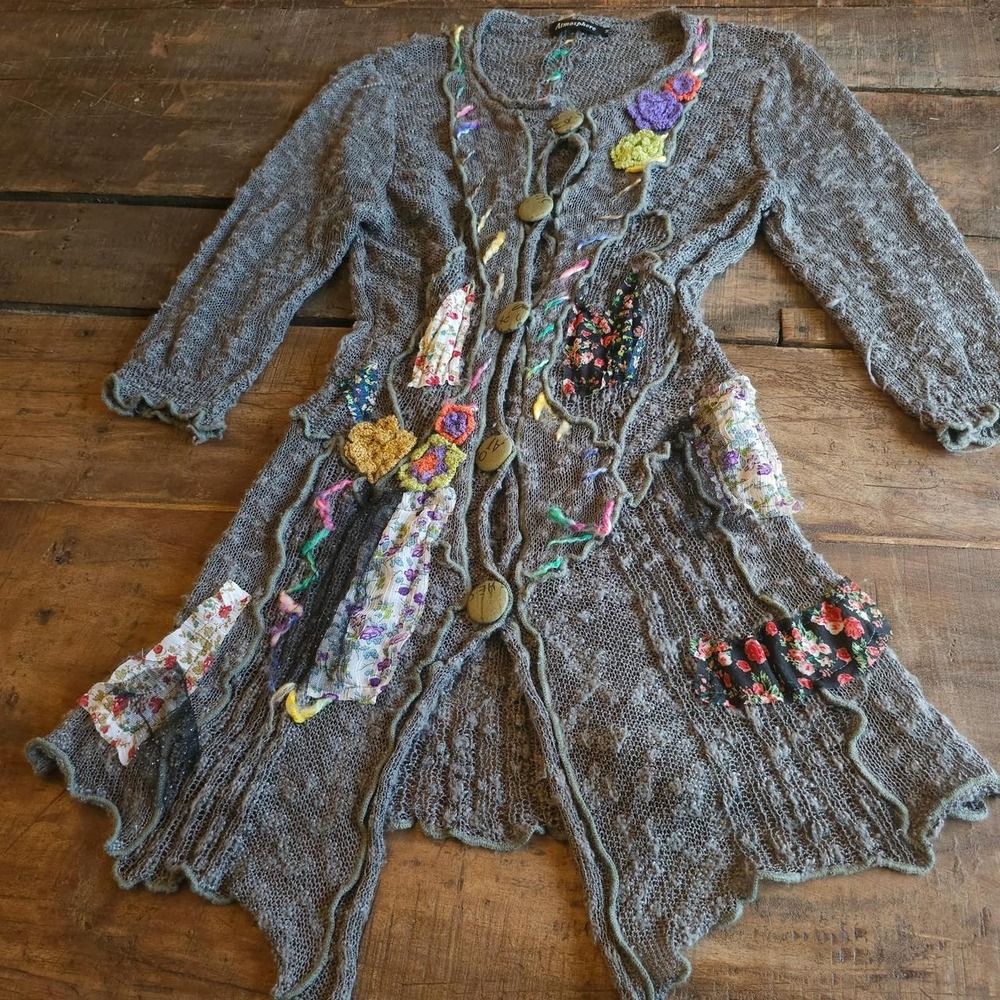 Rare Atmosphere Patchwork Knit Cardigan Boho Festival Y2k Vintage 2000s Sweater